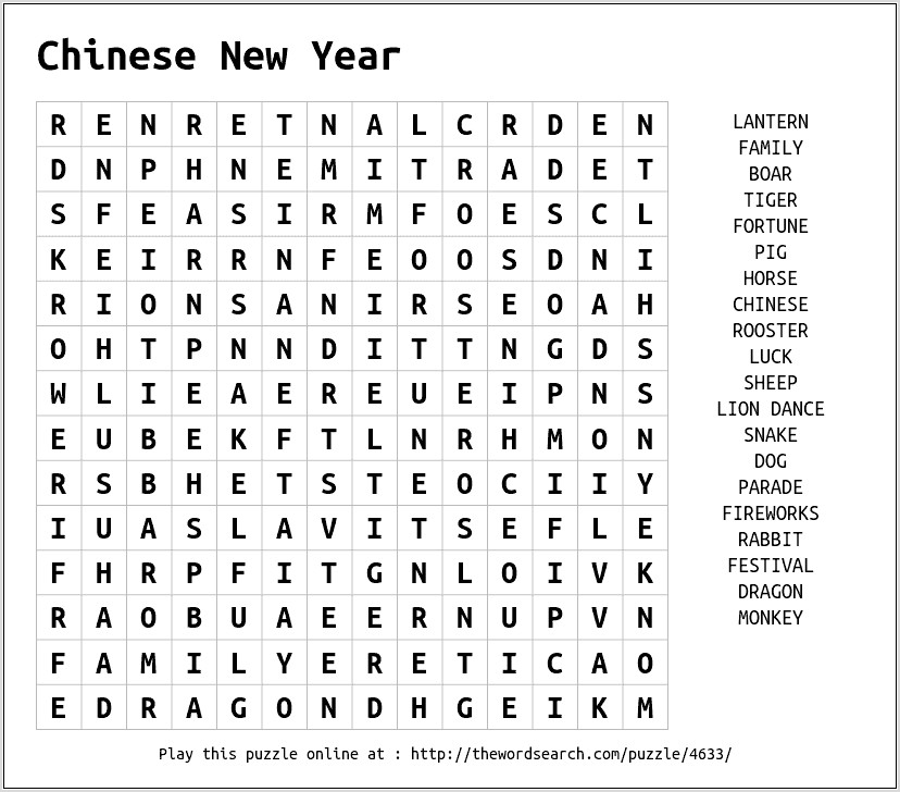 Printable Word Search Chinese New Year