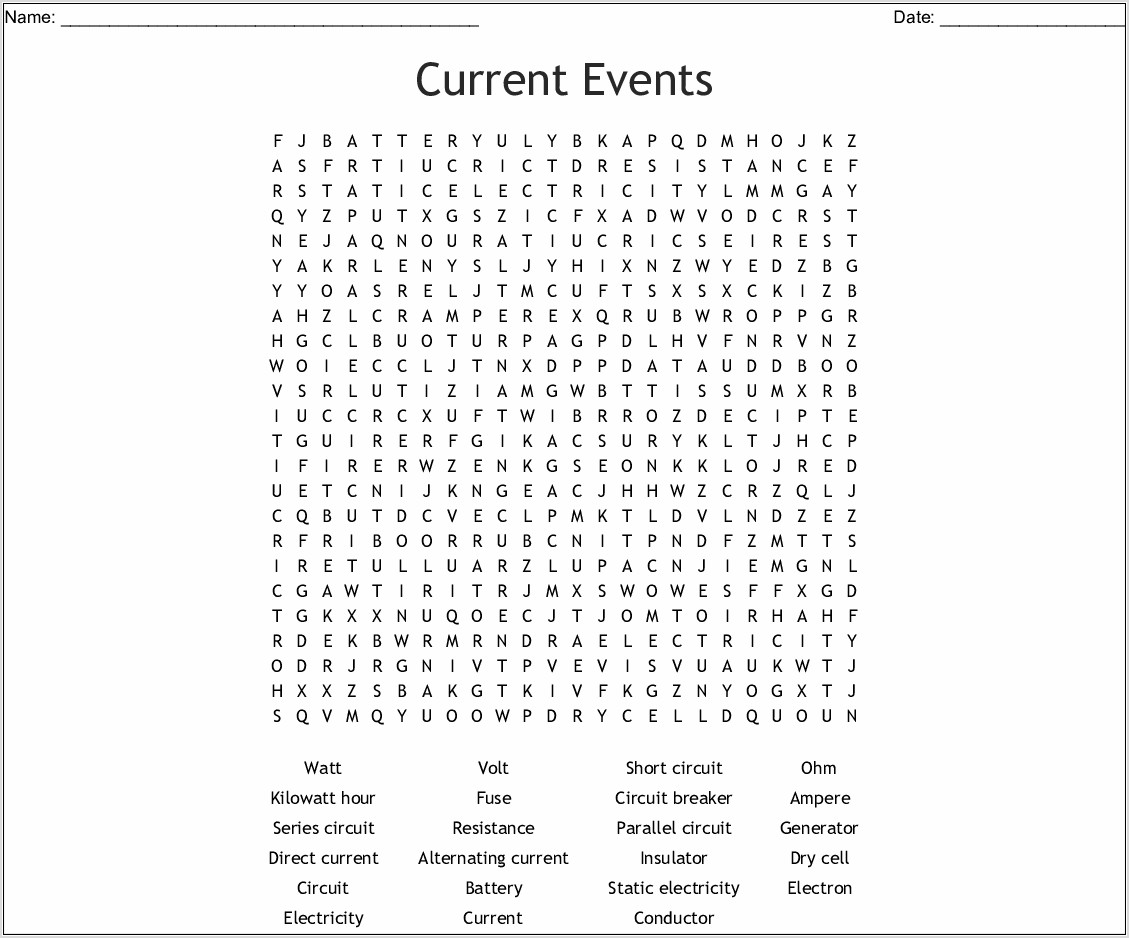 Printable Word Search Electricity