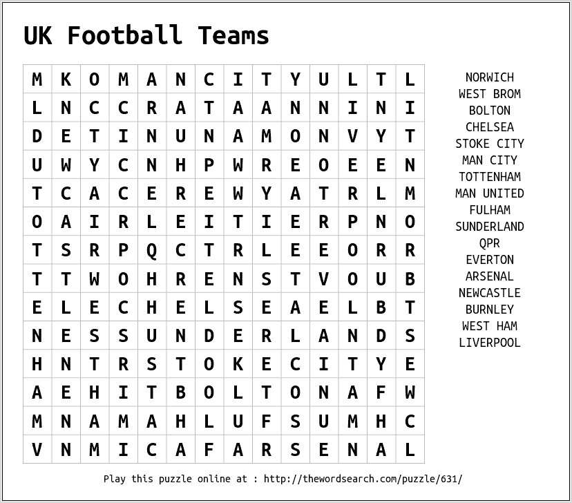 Printable Word Search Football Teams