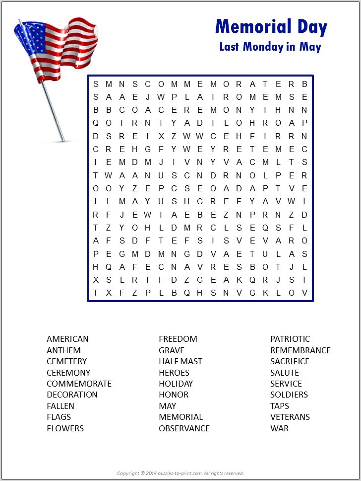 Printable Word Search For Memorial Day