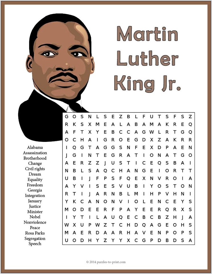 Printable Word Search Martin Luther King Jr