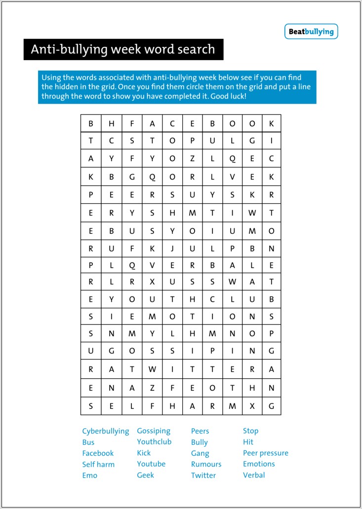 Printable Word Search On Bullying