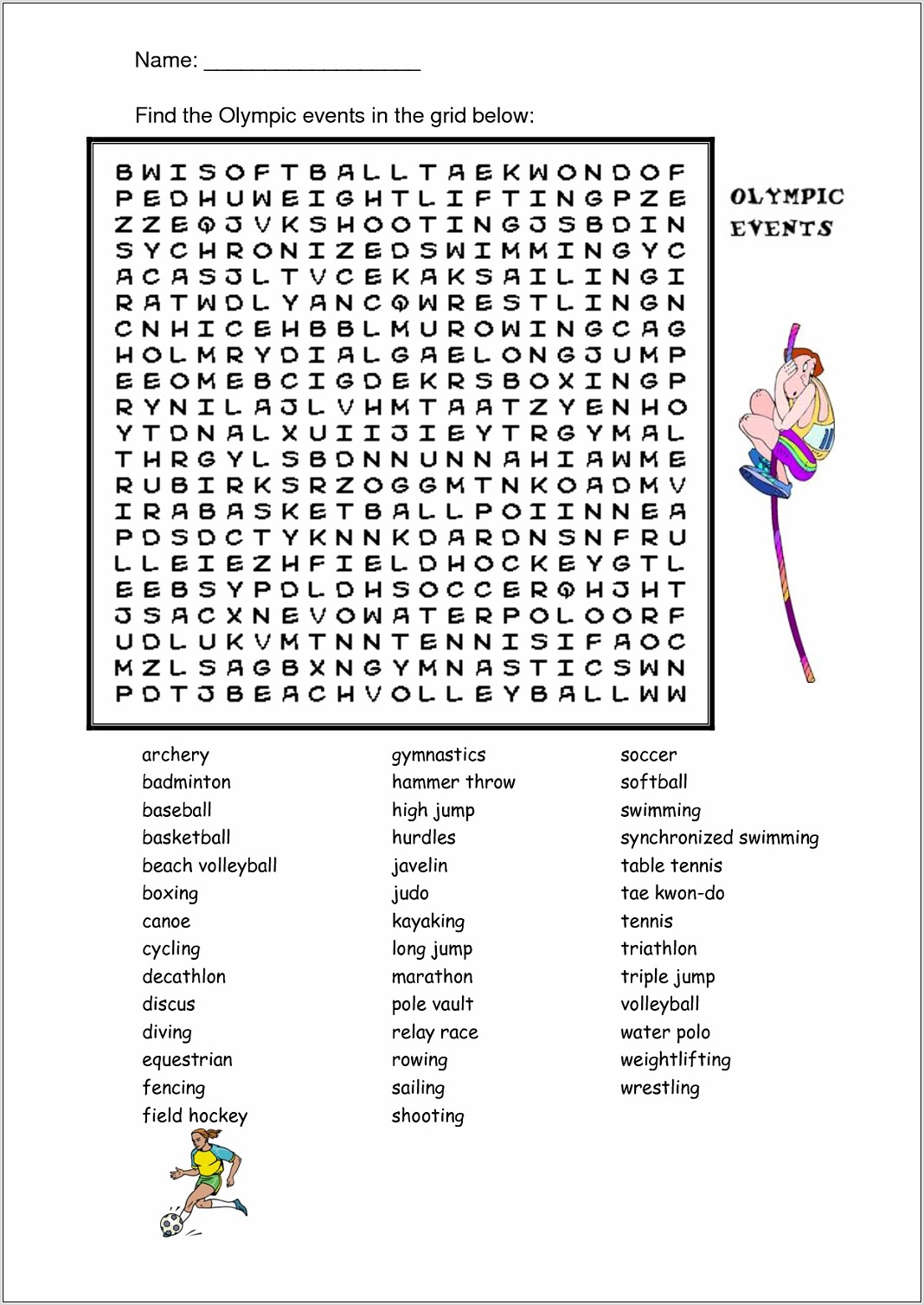 Printable Word Search On Sports