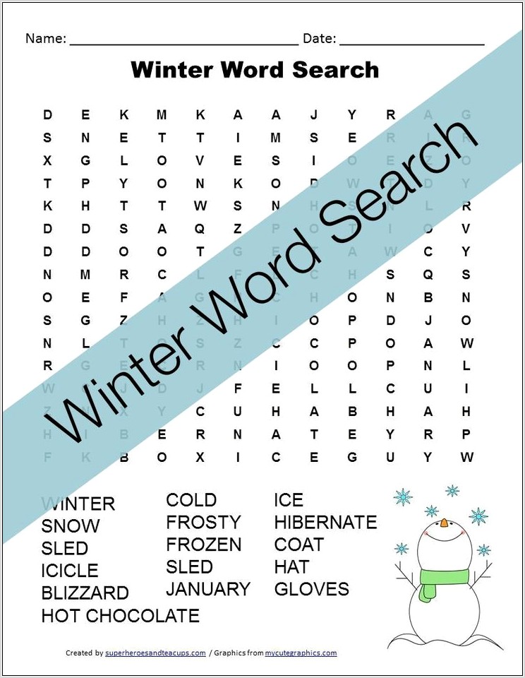Printable Word Search On Winter
