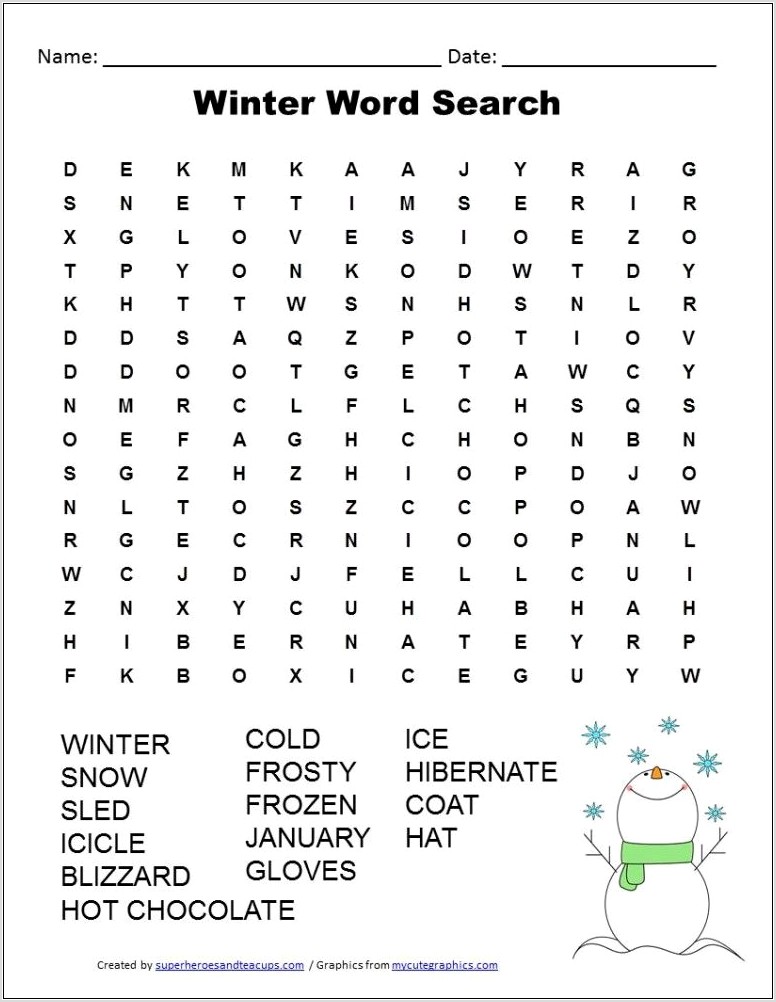 Printable Word Search Winter