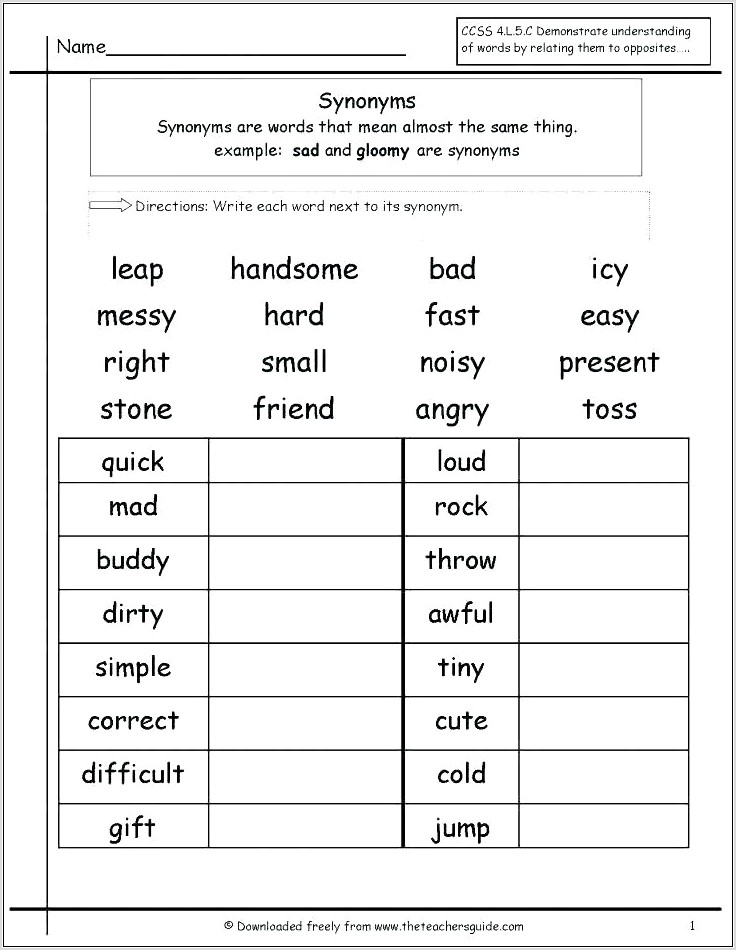 Printable Worksheet About Synonyms
