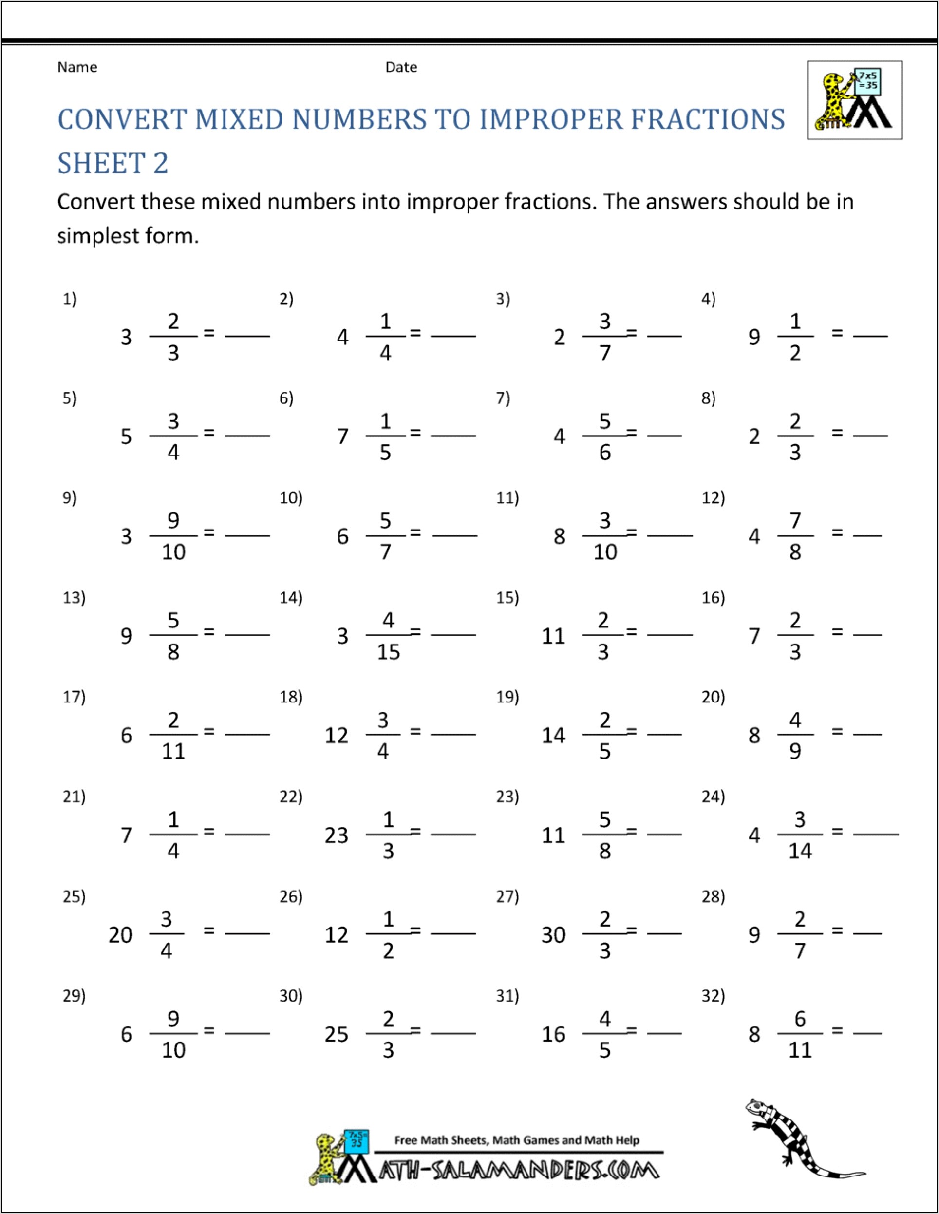 Printable Worksheet Improper Fractions To Mixed Numbers