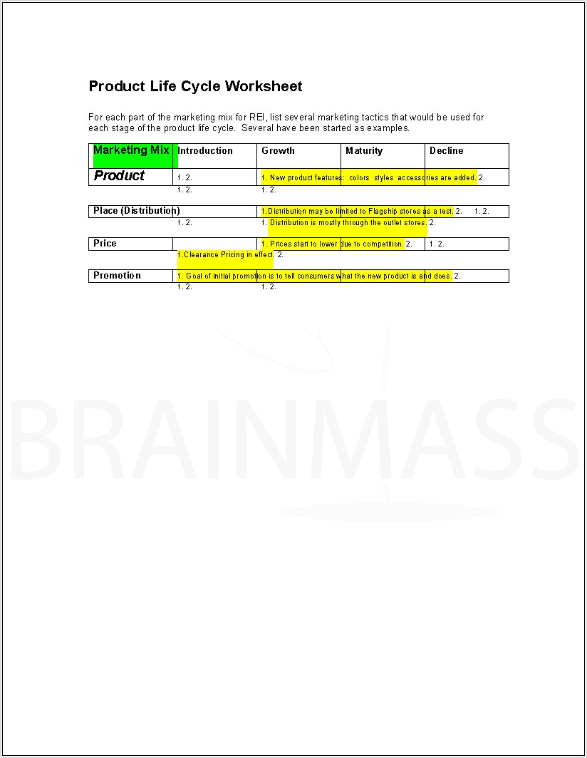 Product Life Cycle Worksheet Rei