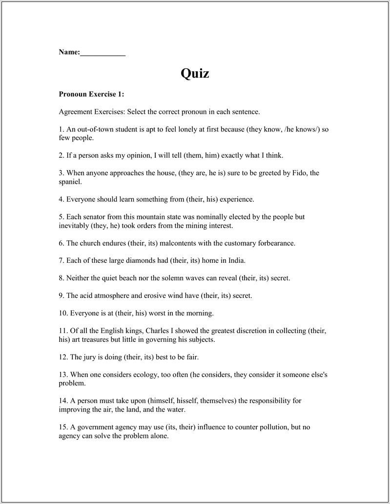 Pronoun Antecedent Exercises For Grade 2