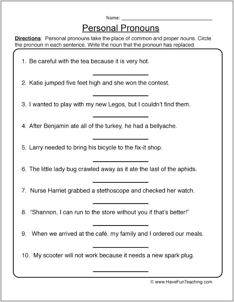 Pronoun Worksheet Second Grade