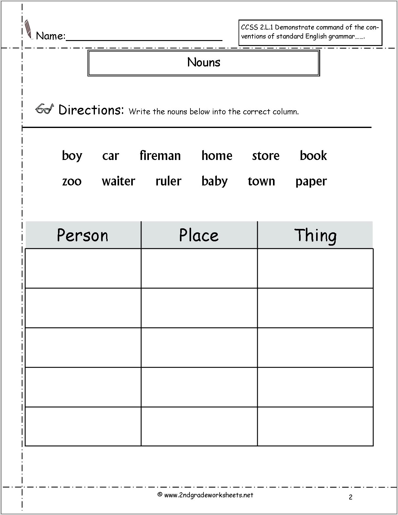 Proper Nouns Worksheet Second Grade
