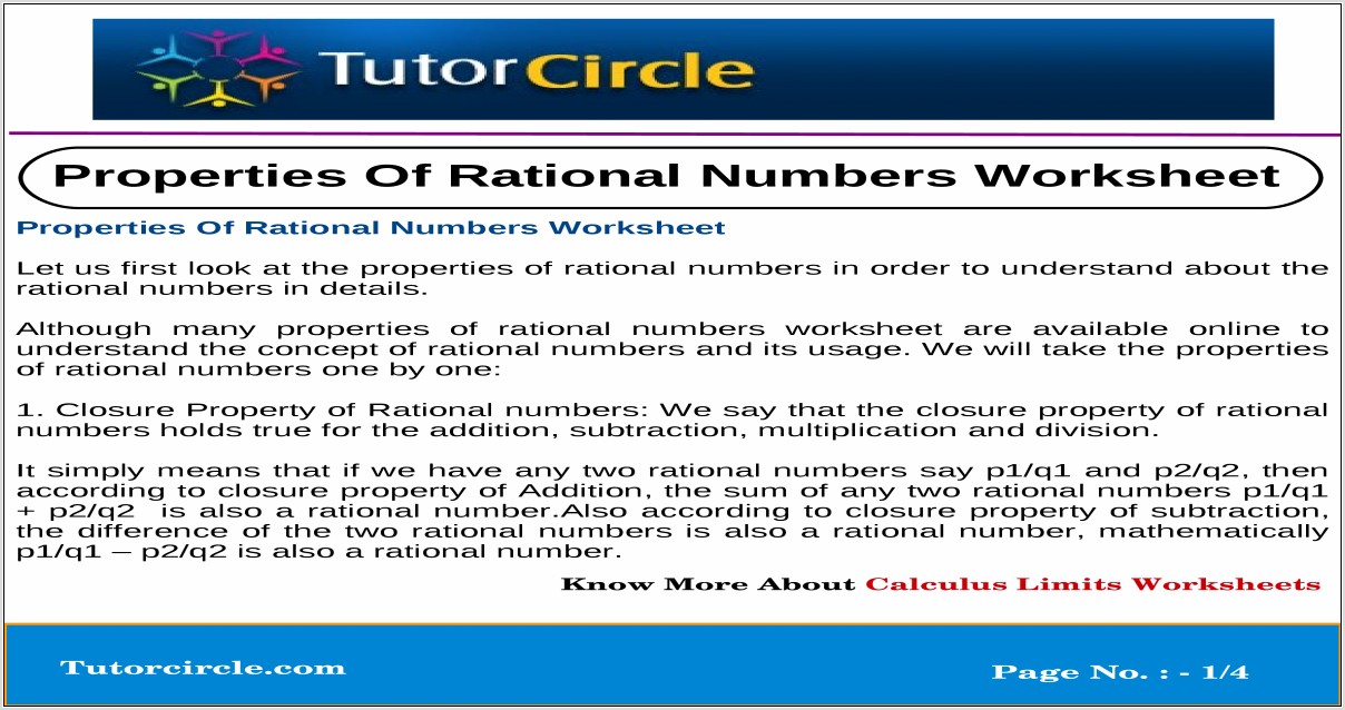 Properties Of Rational Numbers Worksheet