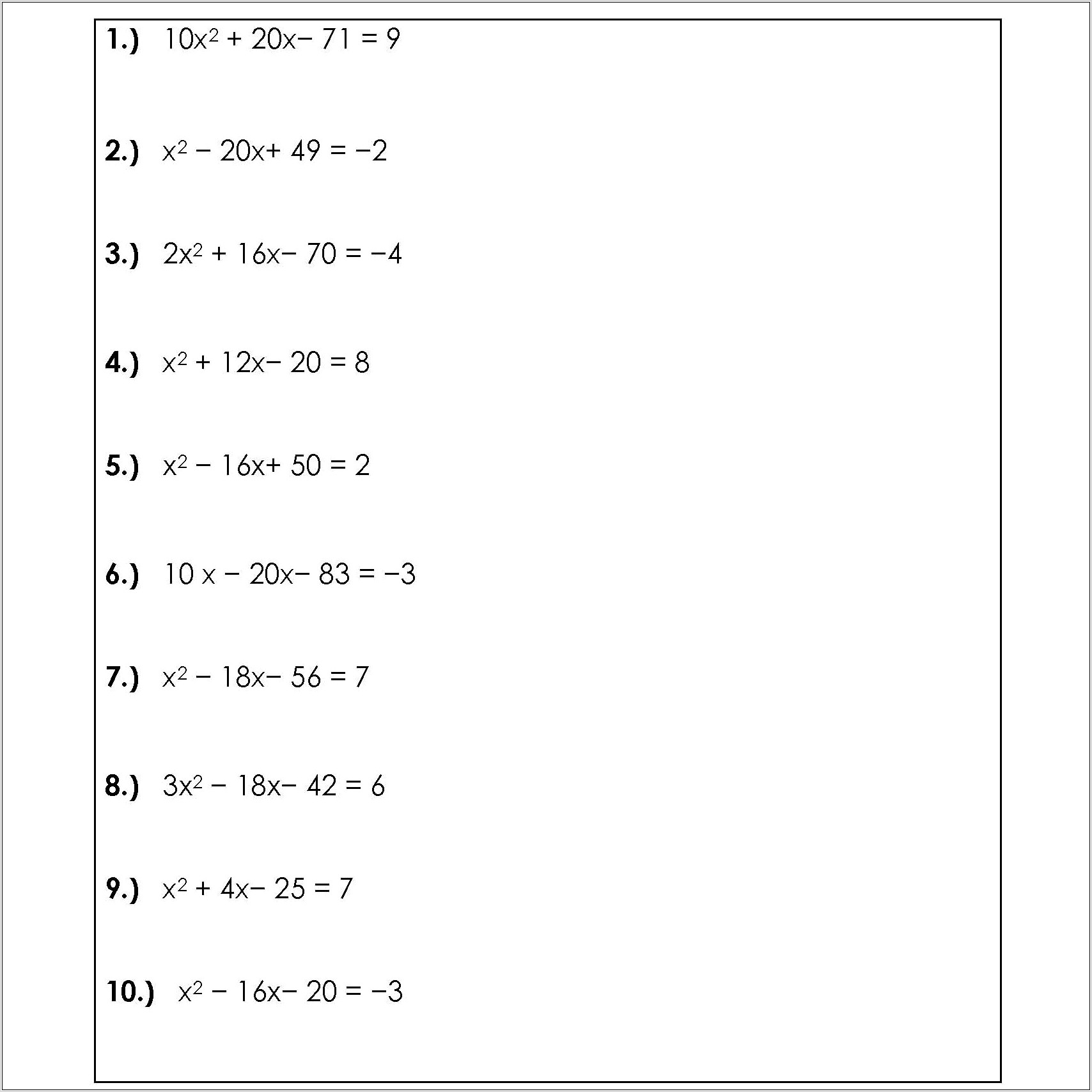 Quadratic Equations Word Problems Worksheet With Answers