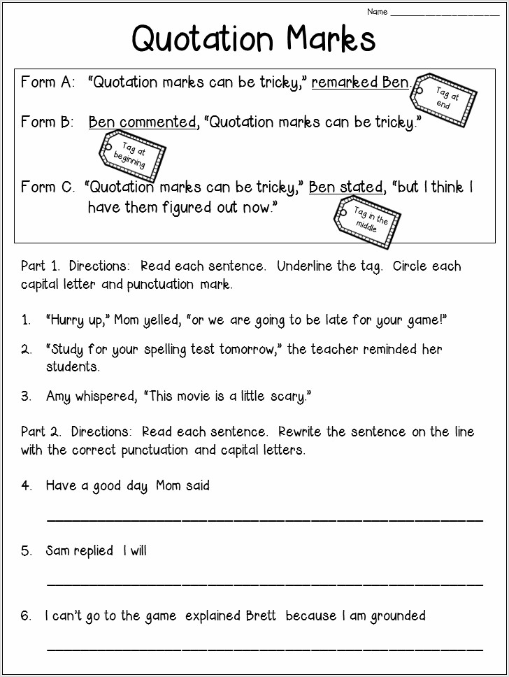 Quotation Marks First Grade Worksheet