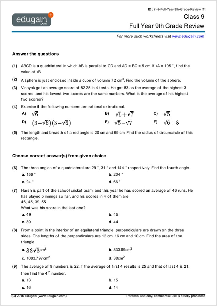 Rational Numbers Worksheet Grade 9