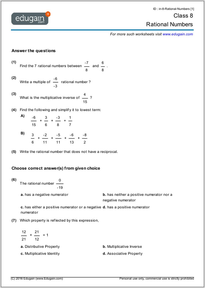Rational Numbers Worksheets For Class 8