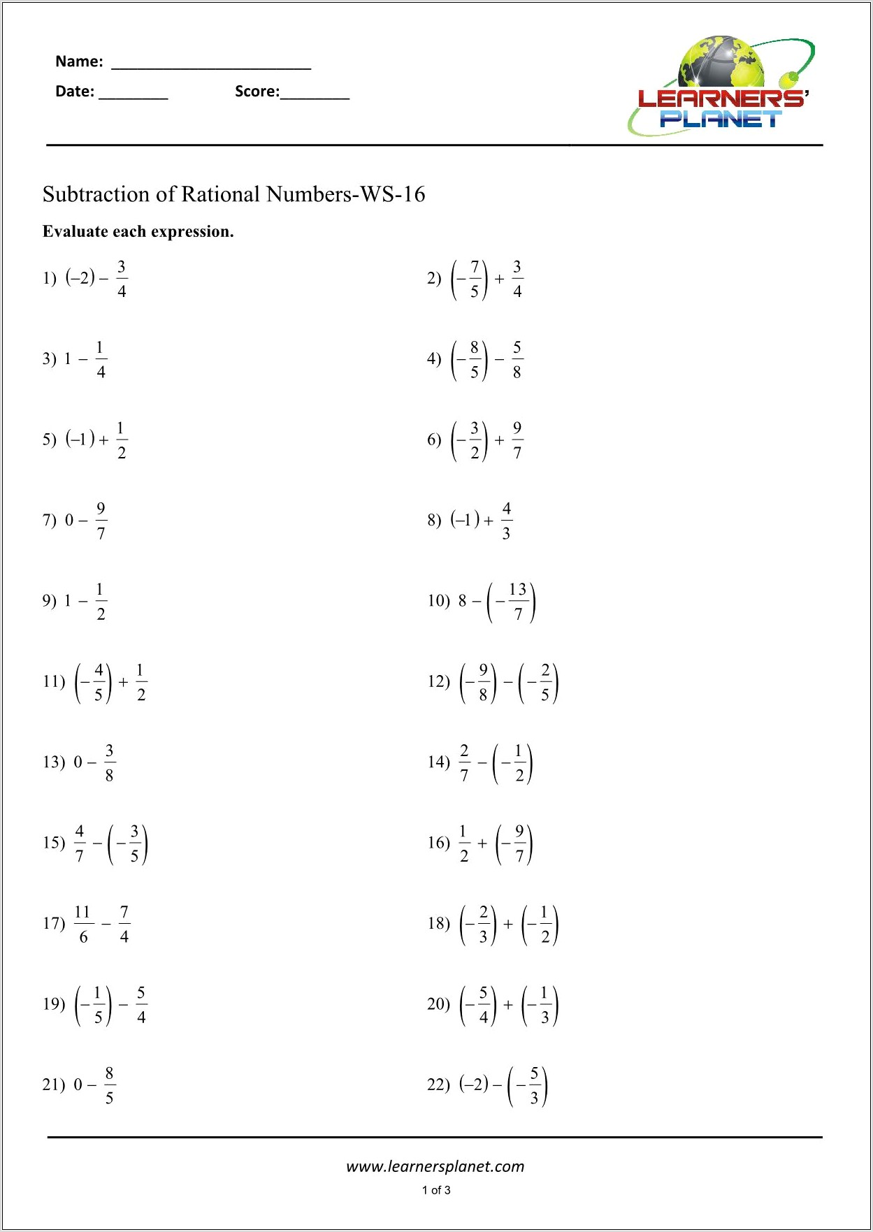 Rational Numbers Worksheets Grade 7