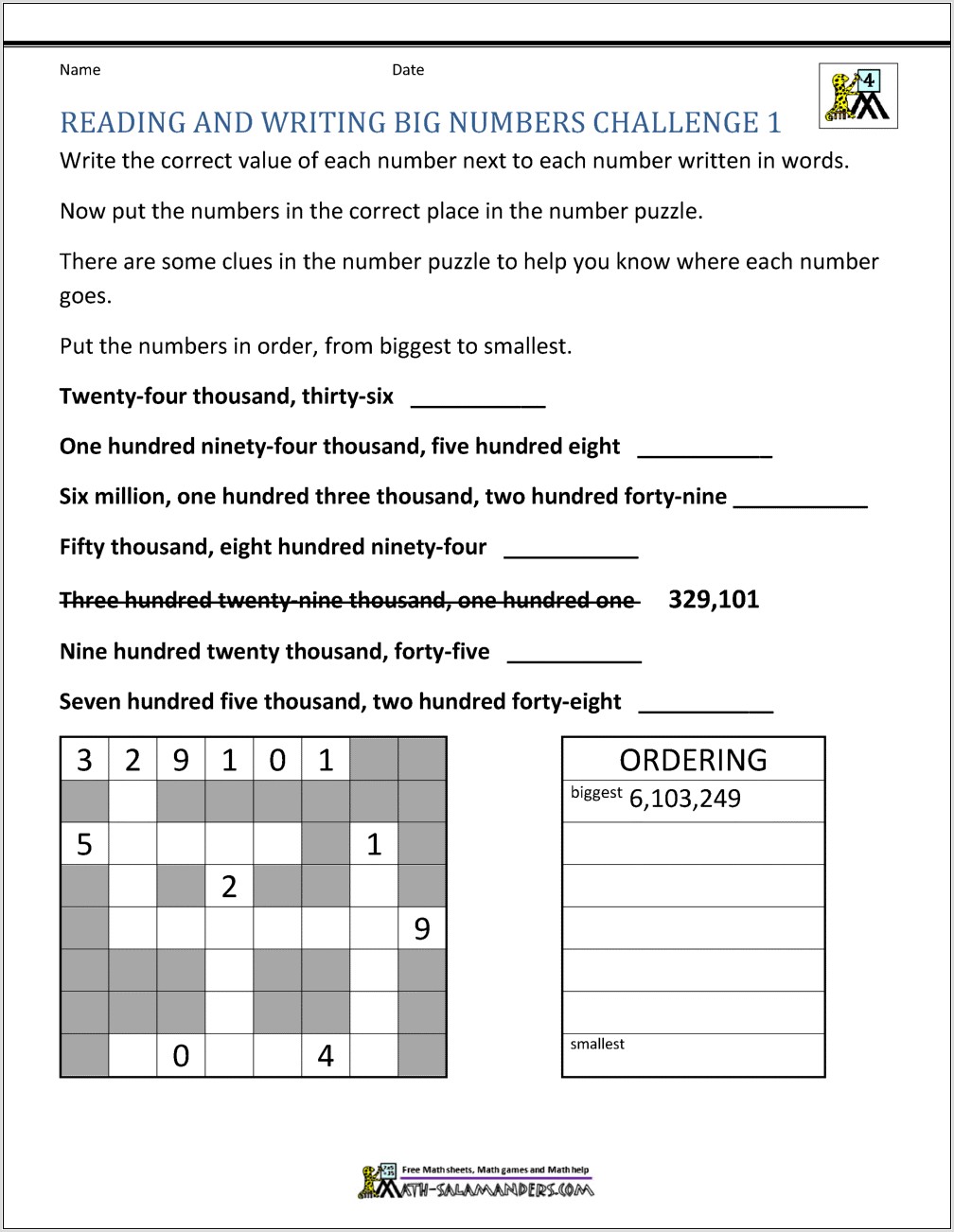Reading And Writing Numbers Through Millions Worksheet