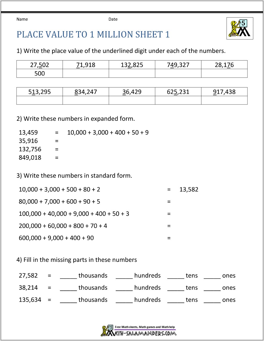 Reading And Writing Numbers To Billions Worksheet