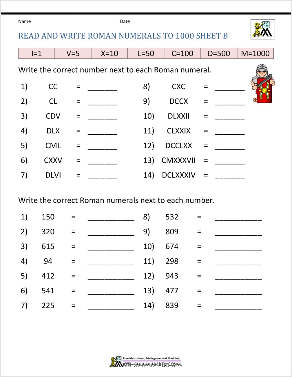 Reading And Writing Roman Numerals Worksheet
