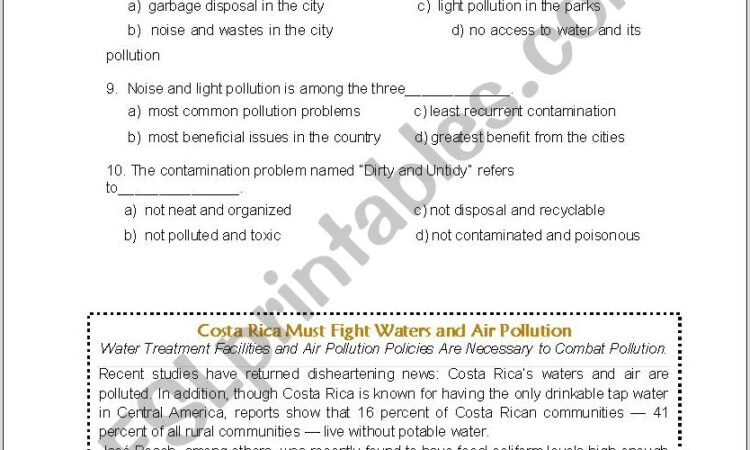 Reading Comprehension Worksheet About Pollution