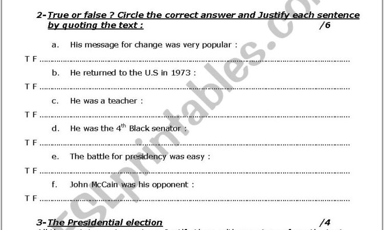 Reading Comprehension Worksheet Barack Obama