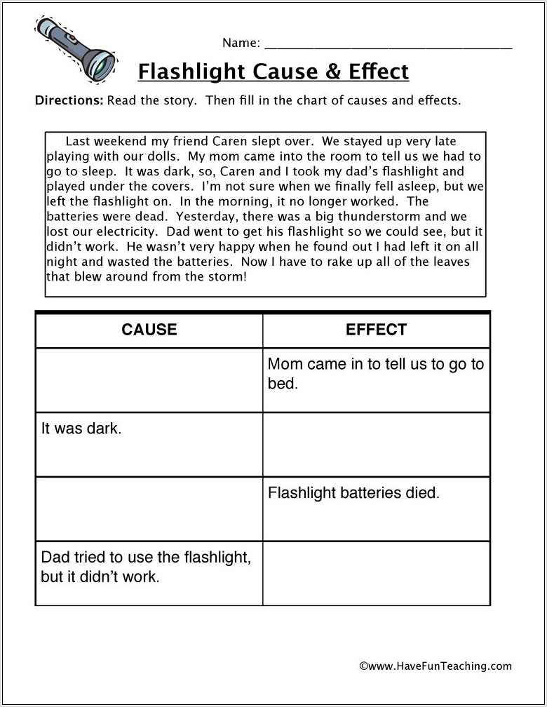 Reading Comprehension Worksheet Cause And Effect