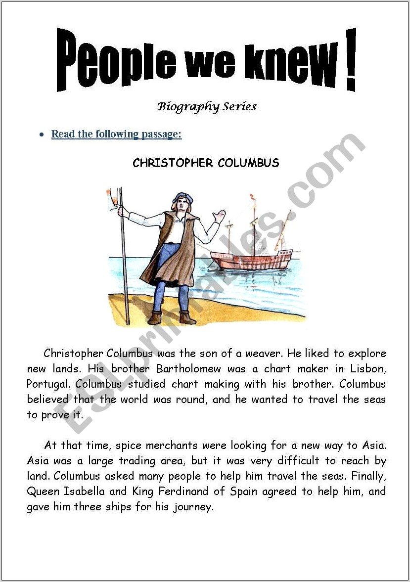 Reading Comprehension Worksheet On Christopher Columbus