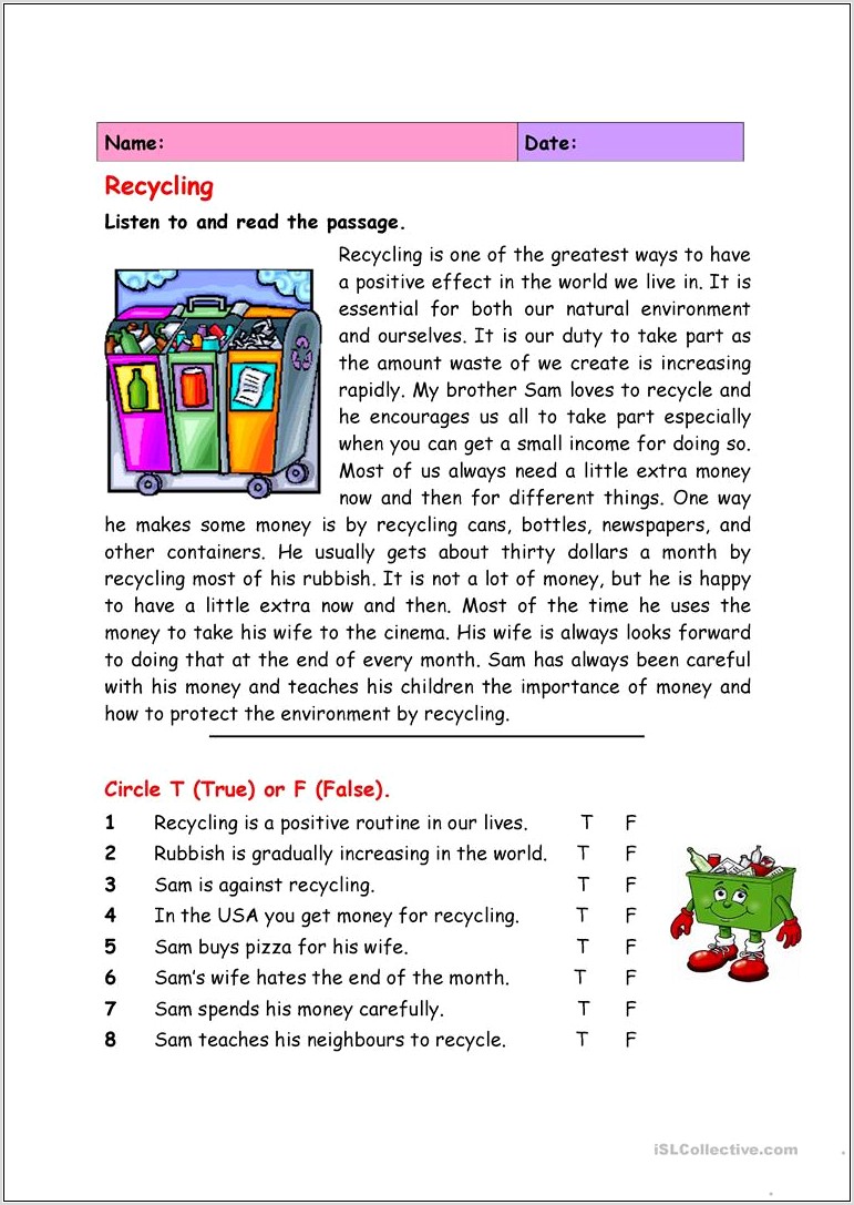 Reading Comprehension Worksheet On Recycling