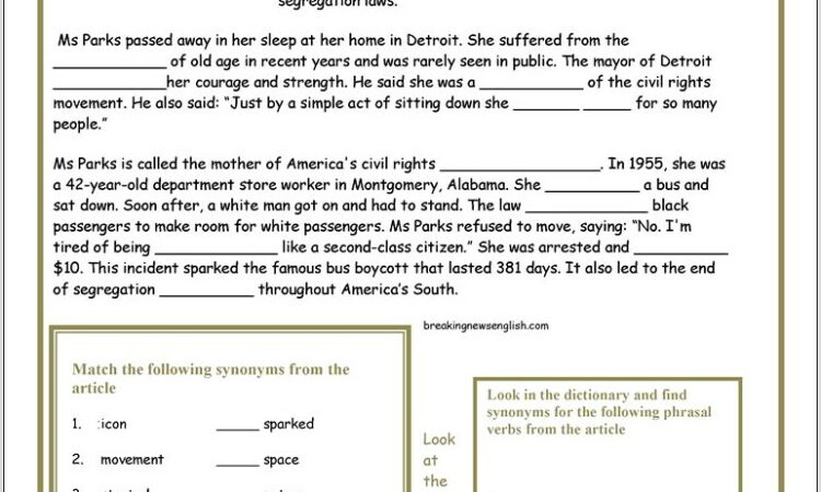 Reading Comprehension Worksheet On Rosa Parks