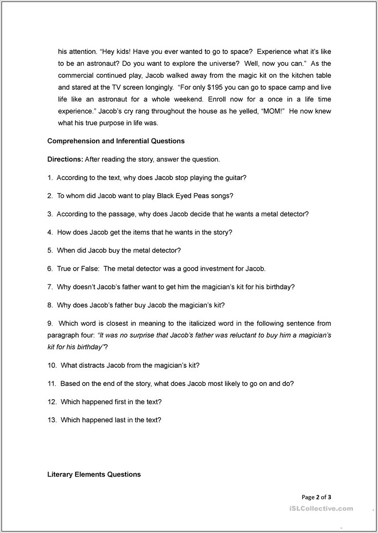 Reading Comprehension Worksheets Jacob The Great