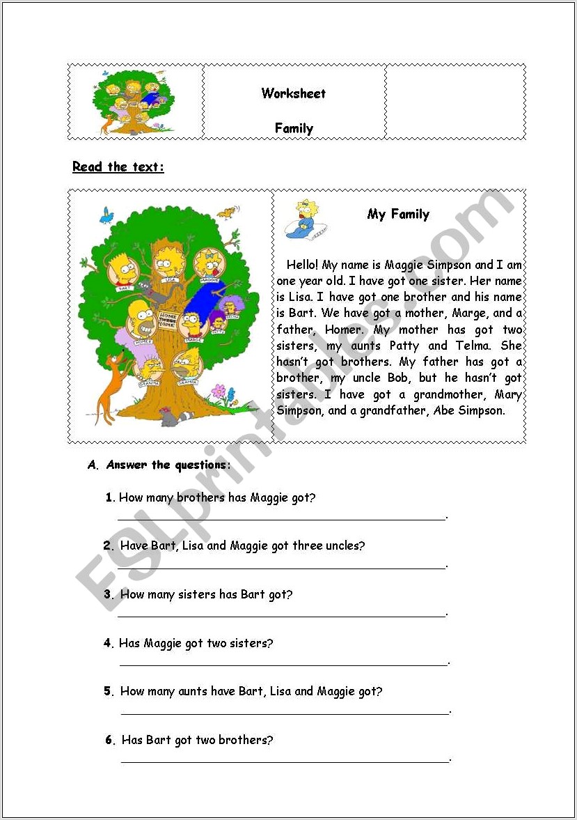 Reading Comprehension Worksheets My Family