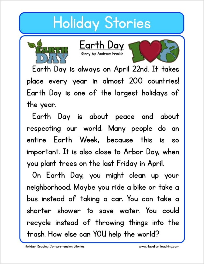 Reading Comprehension Worksheets On Earth Day