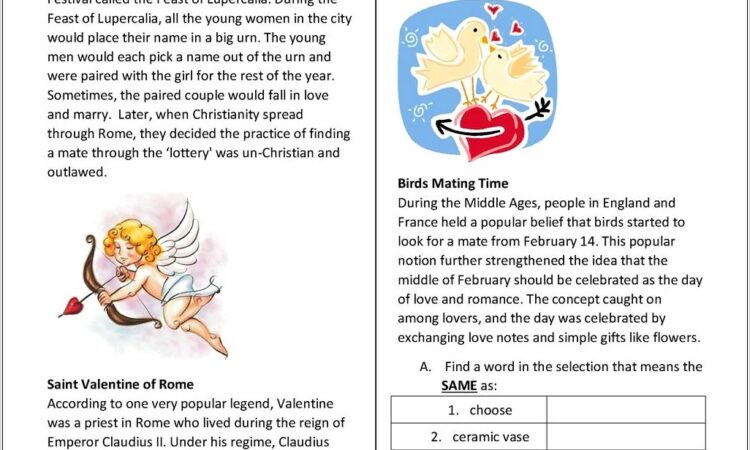 Reading Comprehension Worksheets Valentines Day