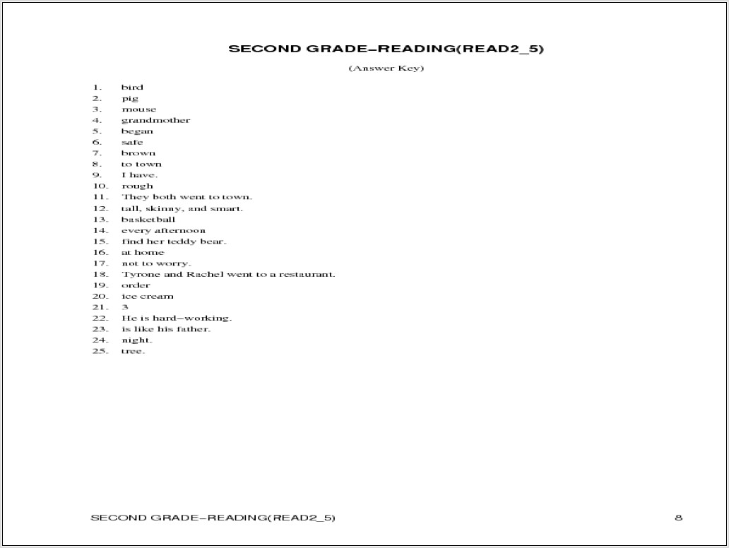 Reading Worksheet Grade 2