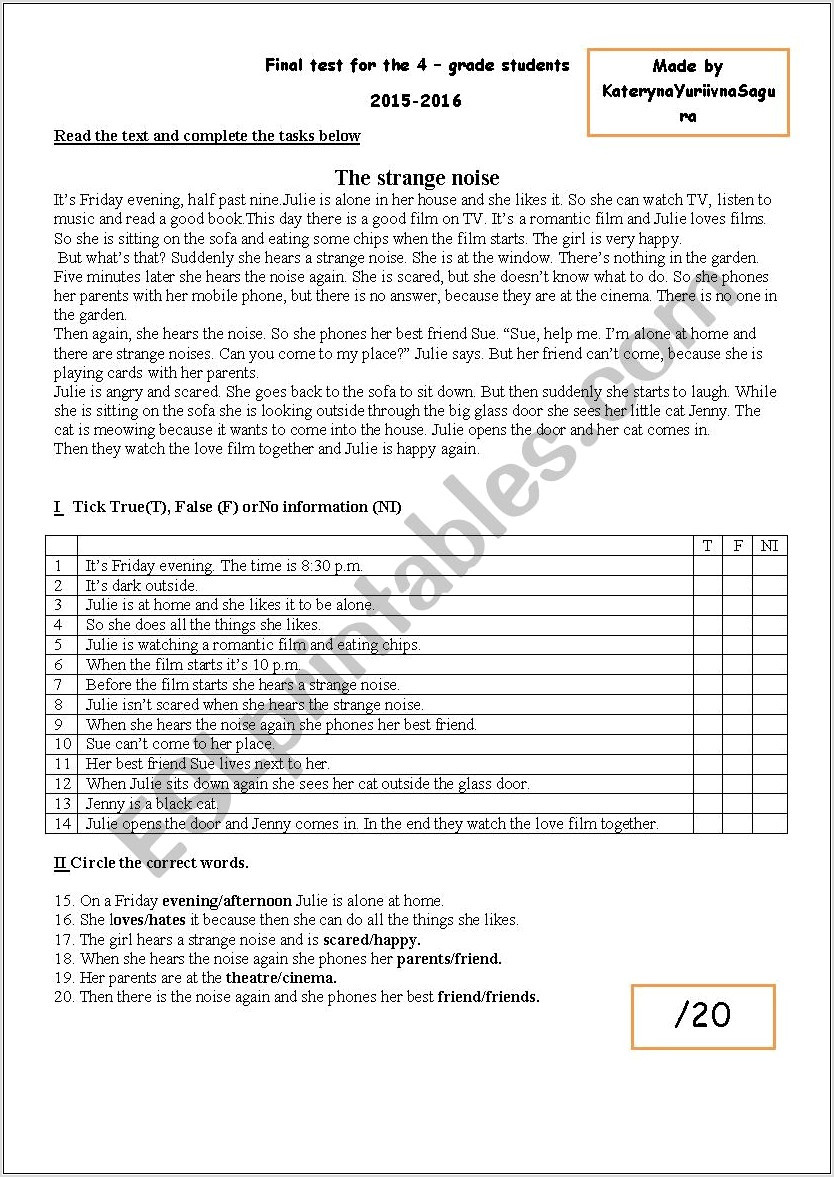 Reading Worksheet Grade 4