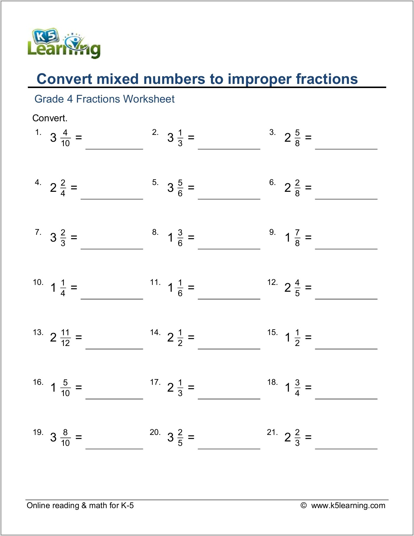 Renaming Fractions And Mixed Numbers Worksheet