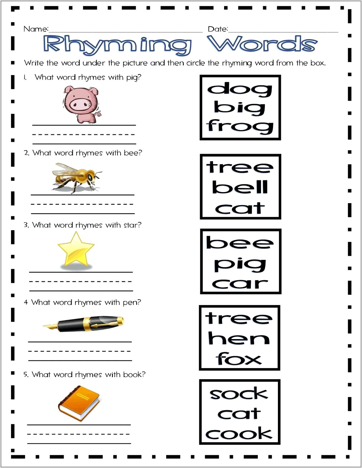 Rhyming Words Worksheet For Grade 1