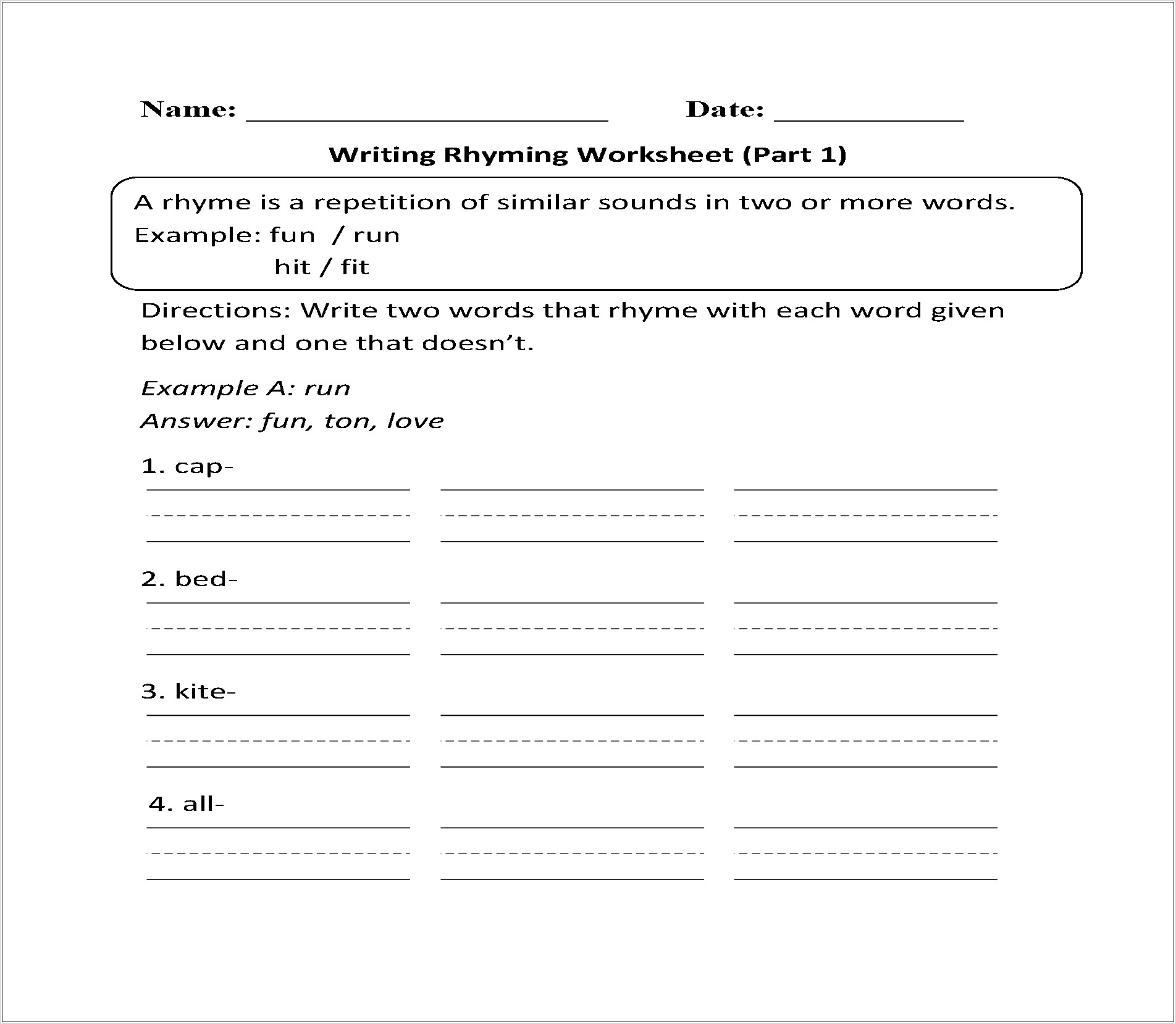 Rhyming Words Worksheet For Grade One
