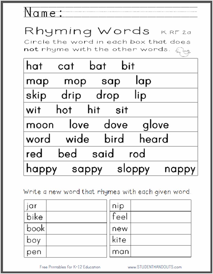 Rhyming Words Worksheet Pdf