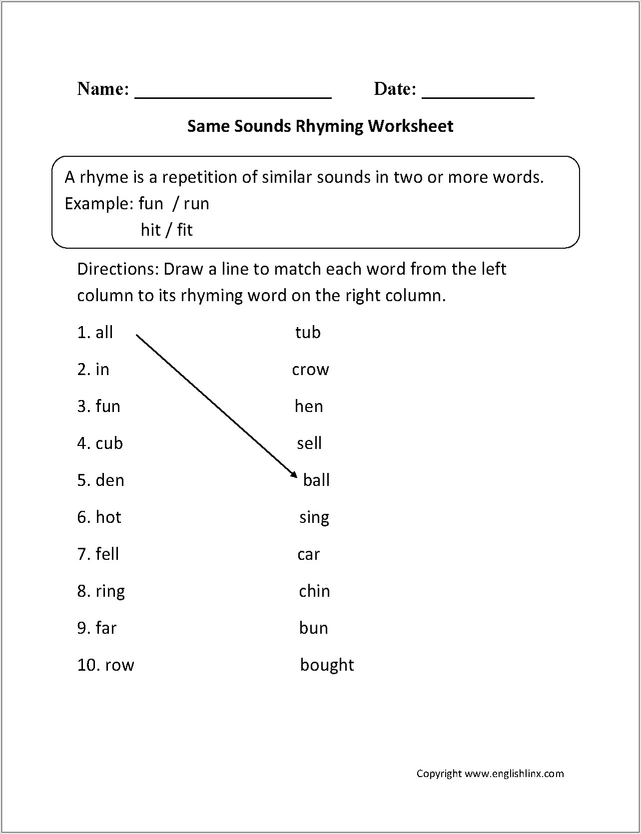 Rhyming Words Worksheet Year 2