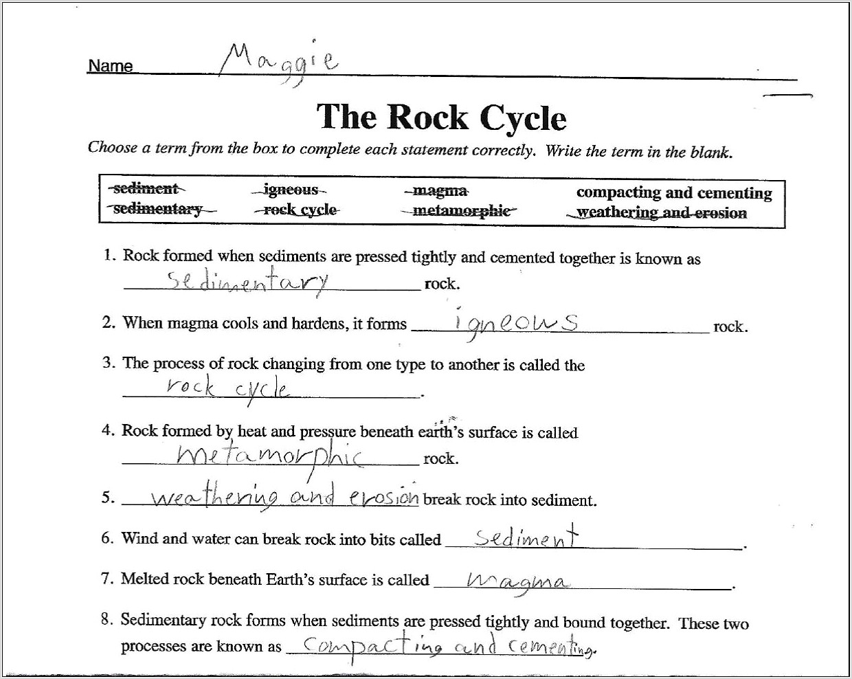 Rock Cycle Vocabulary Worksheet