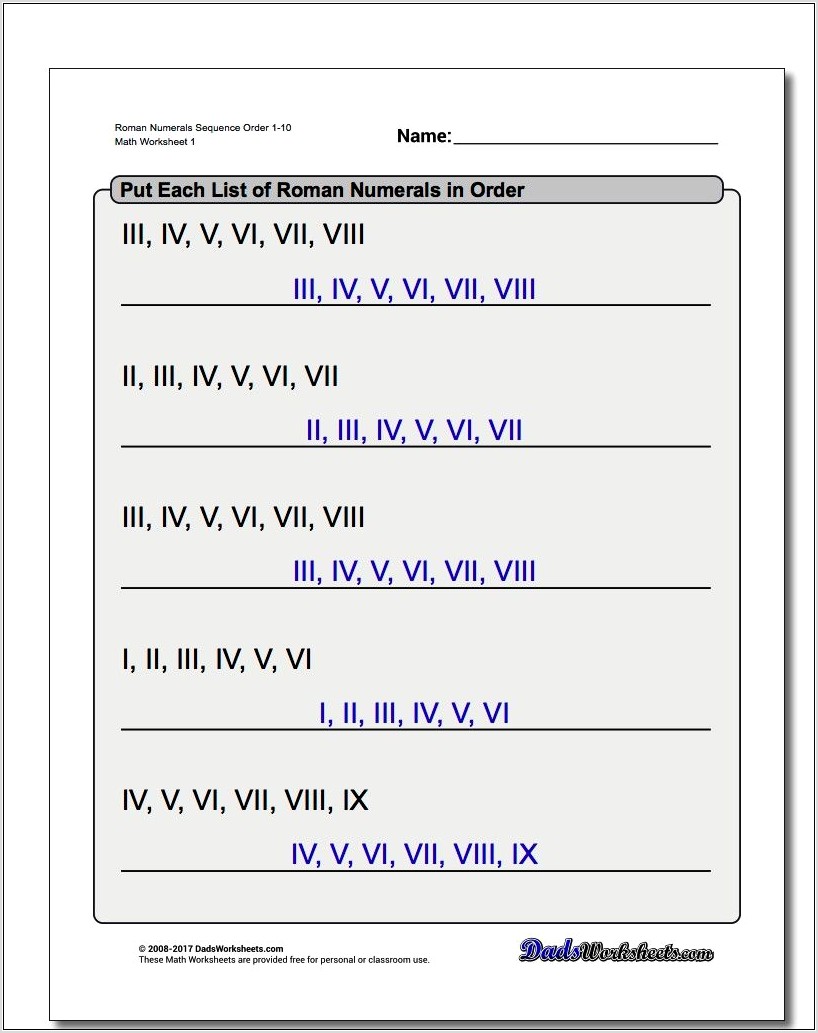 Roman Numeral Worksheets For Third Grade