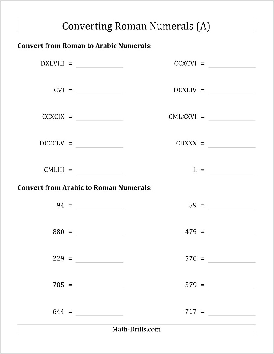Roman Numerals Conversion Worksheet
