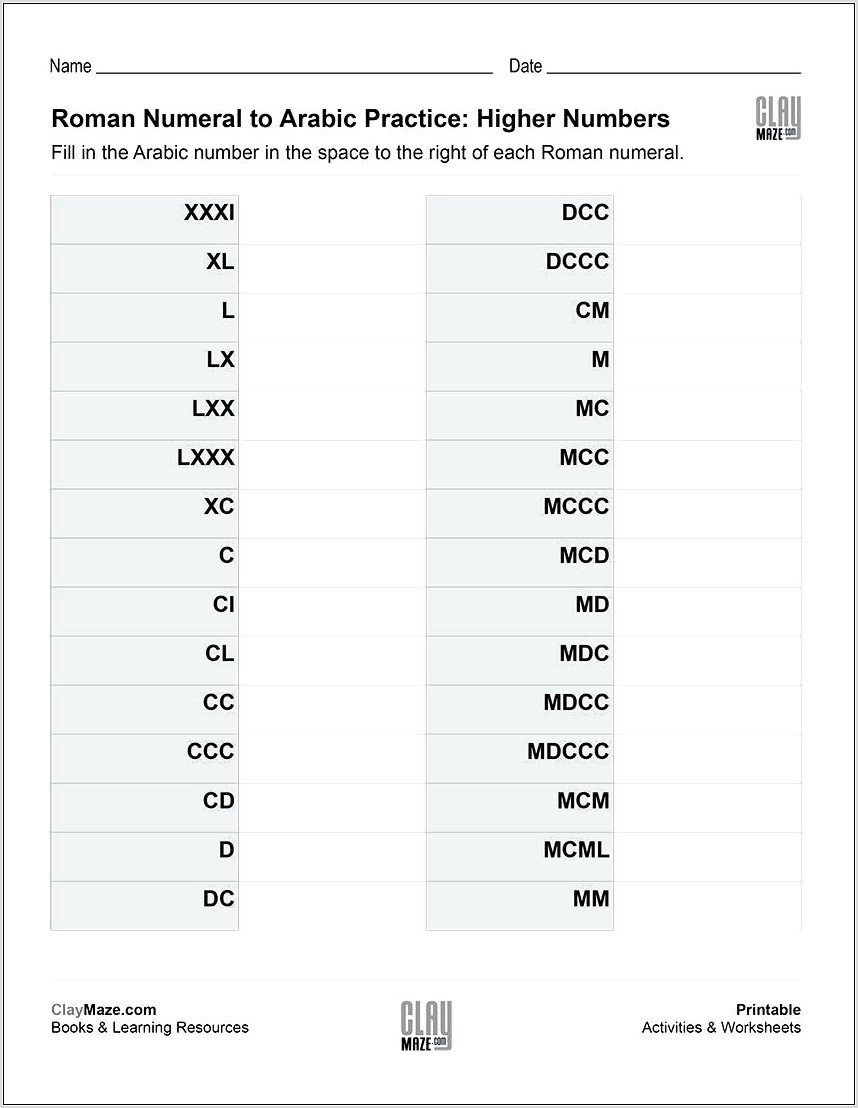 Roman Numerals Dates Worksheet