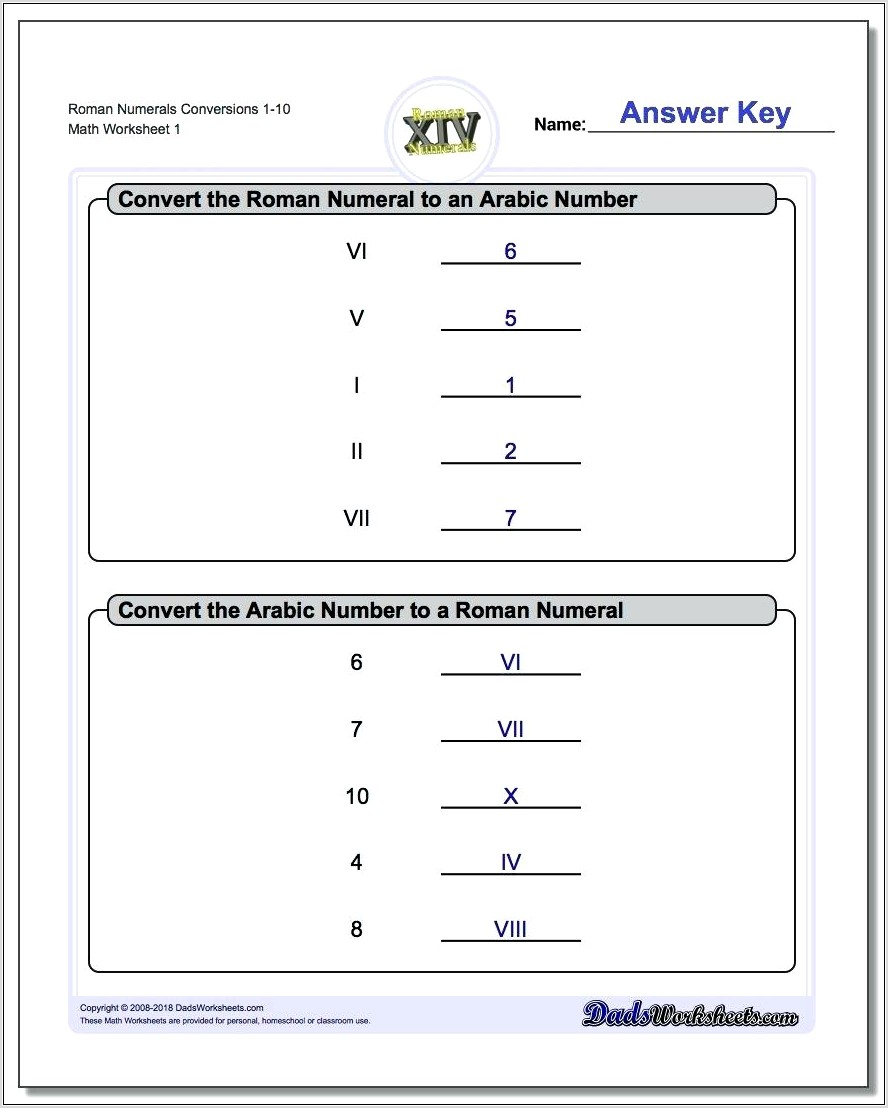 Roman Numerals Worksheet For Grade 1