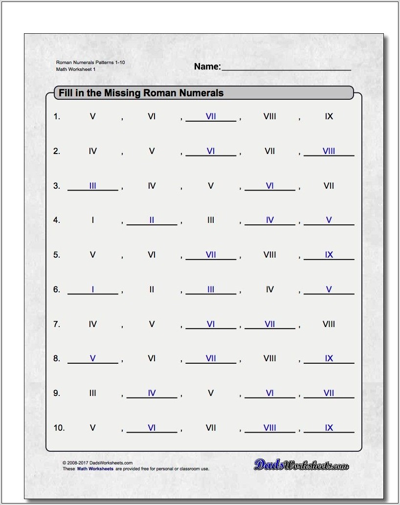 Roman Numerals Worksheet For Grade 6 Pdf