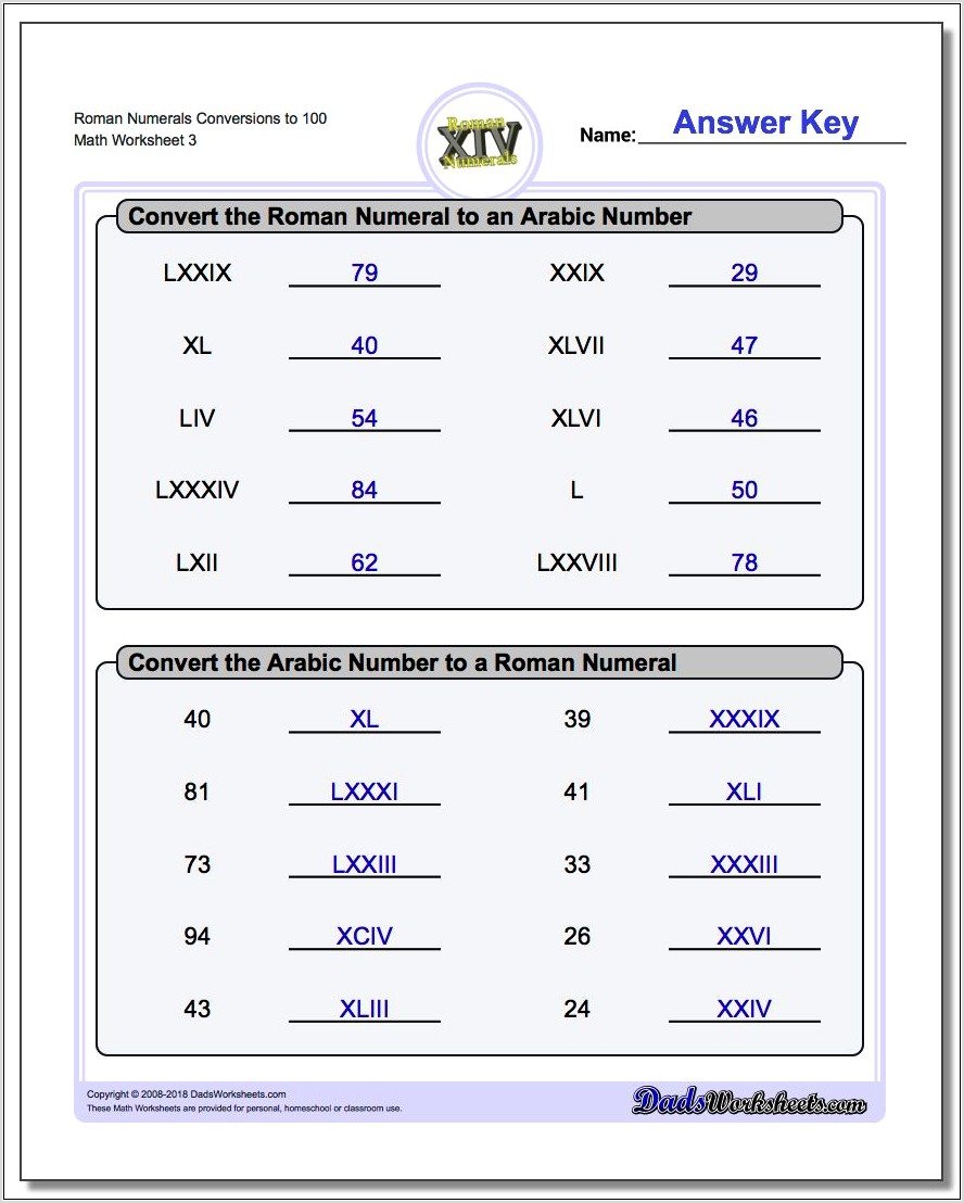 Roman Numerals Worksheet For Year 3