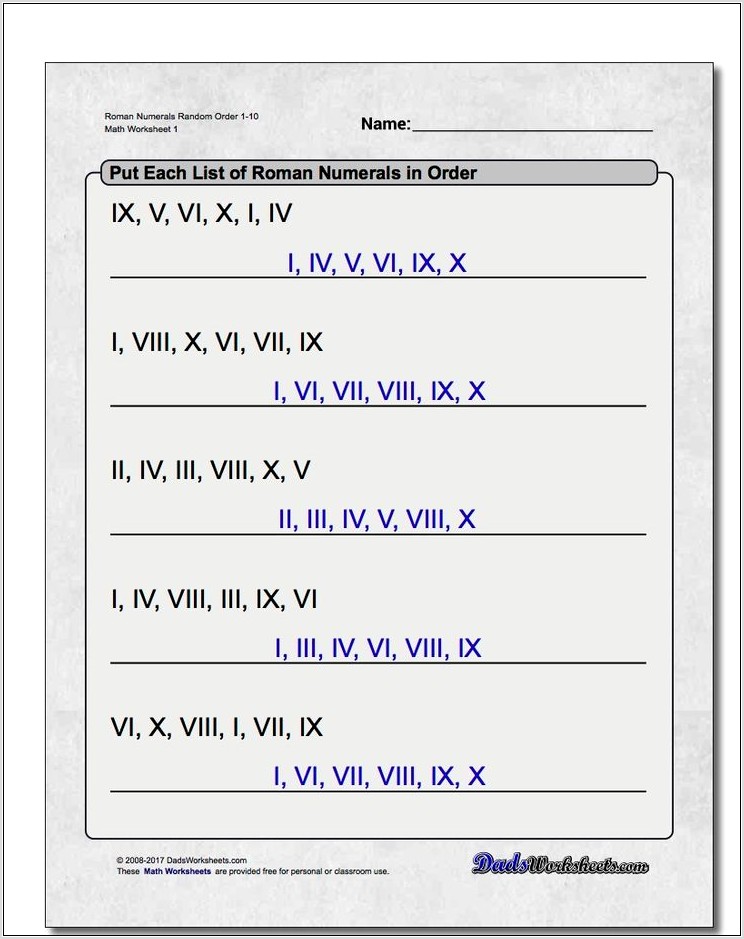 Roman Numerals Worksheet Free