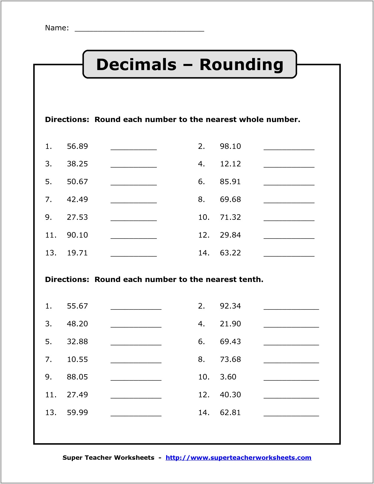 Rounding Decimals Number Line Worksheet